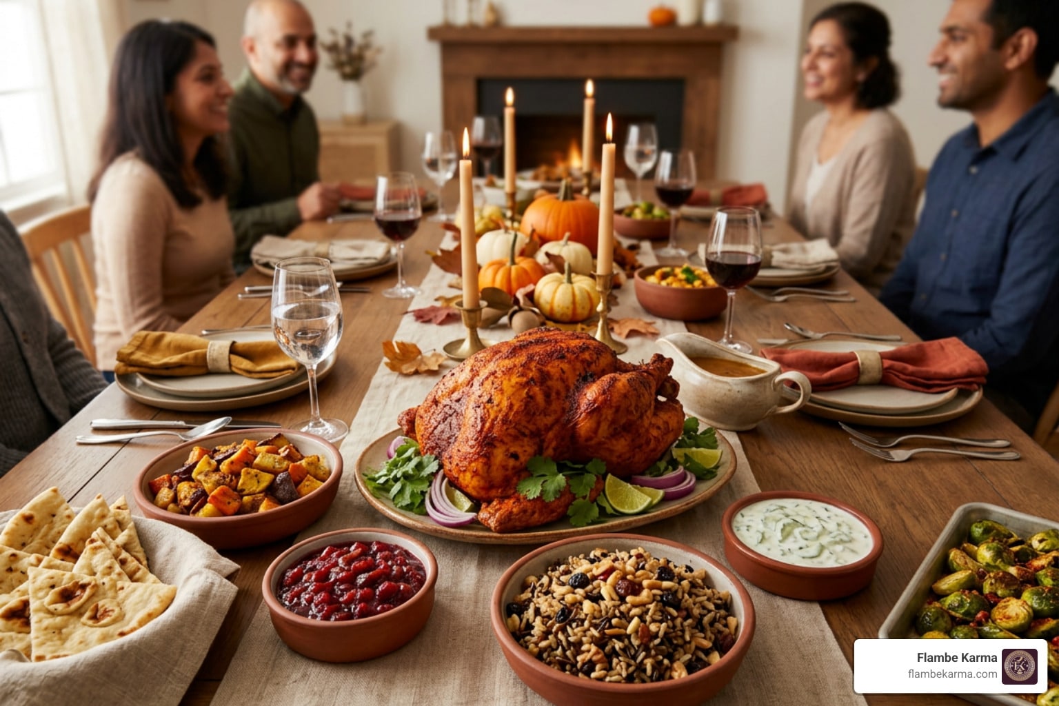 indian fusion thanksgiving table with tandoori turkey and spiced sides
