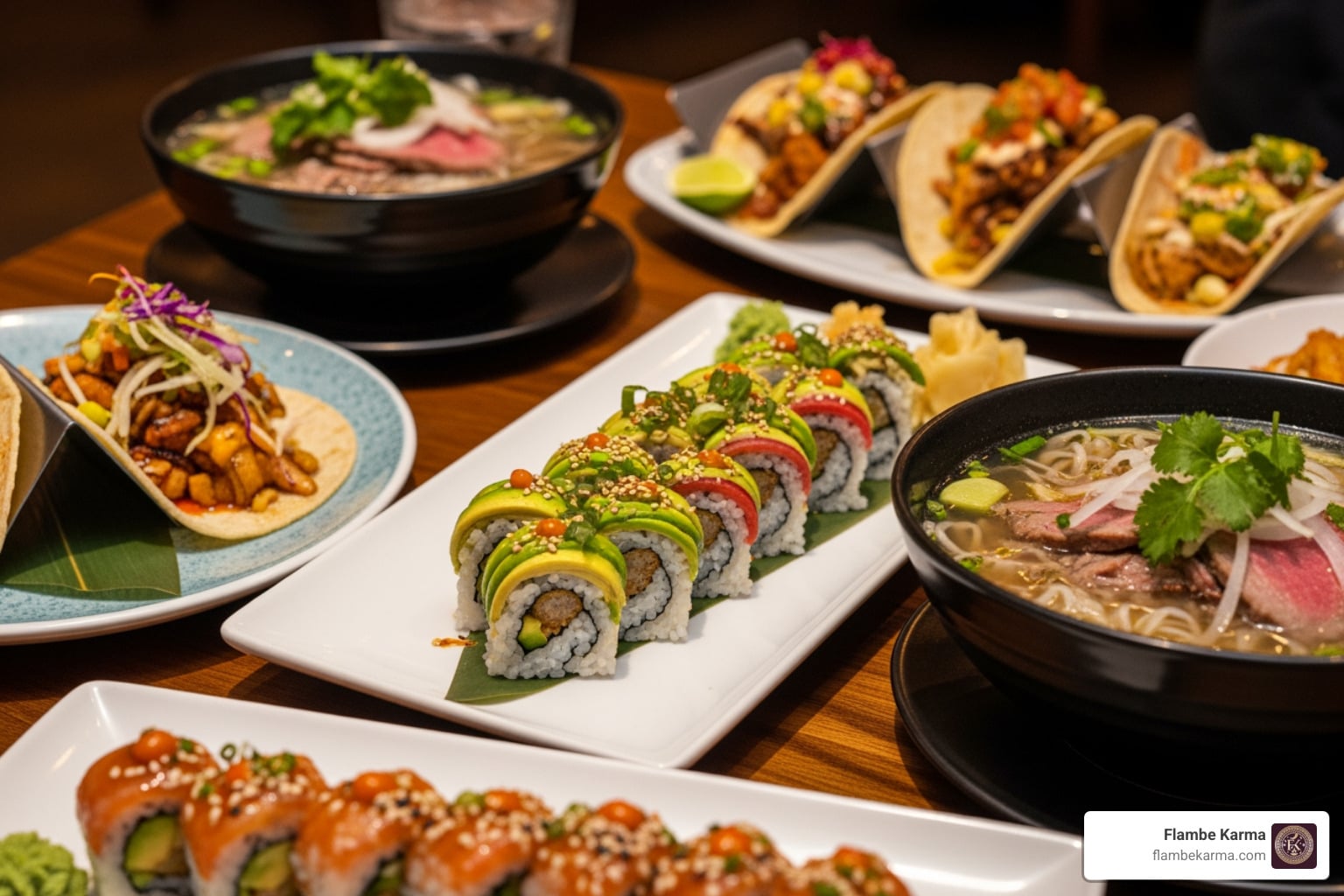 asian fusion restaurant spread with sushi rolls pho bowls and fusion tacos